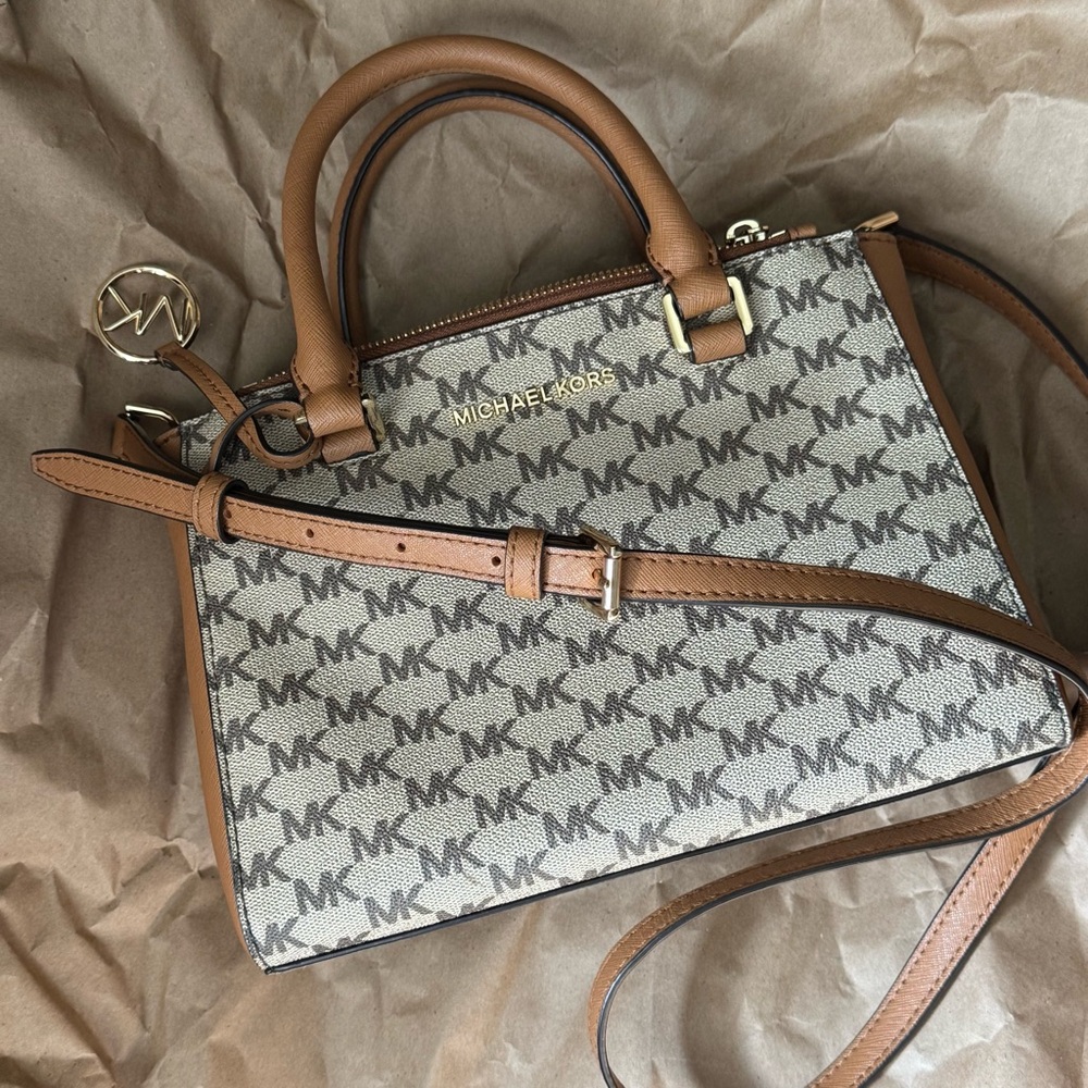 Michael Kors MK medium satchel crossbody bag in brown signature logo vintage